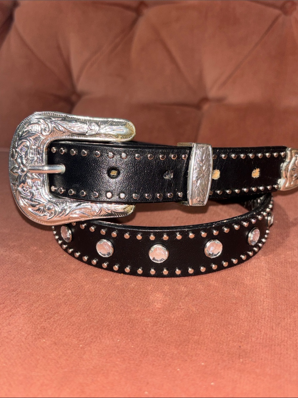 Vintage NOCONA belt Black Studded Leather Belt Silver Buckle rhinestone glamor